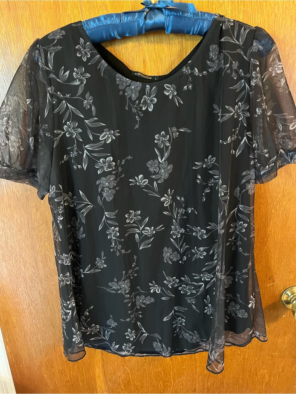 Sheer Black Floral Short-Sleeve Blouse